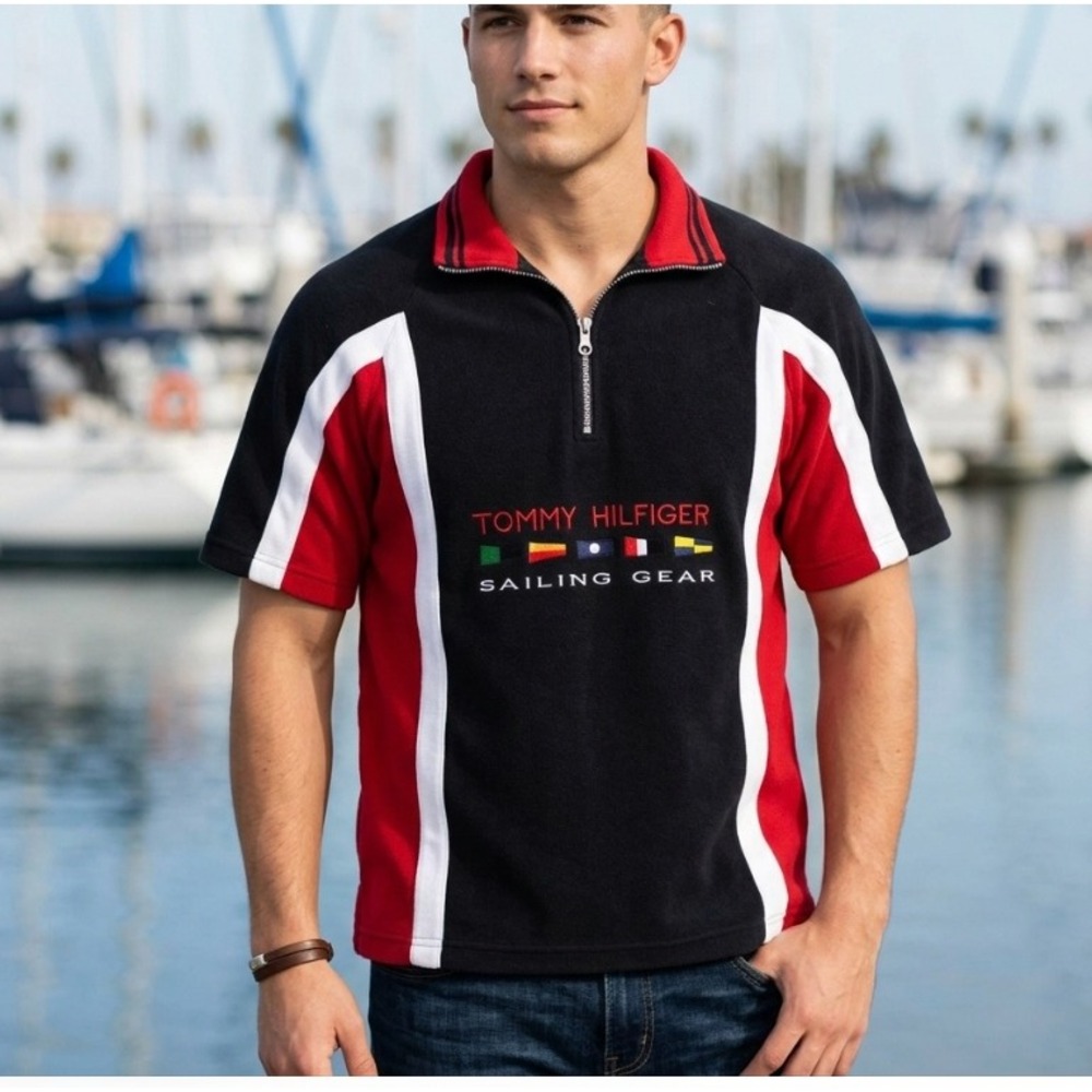 Tommy Hilfiger Sailing Gear Vintage 1/4 Zip Polo Shirt Mens Medium Navy Red 90s